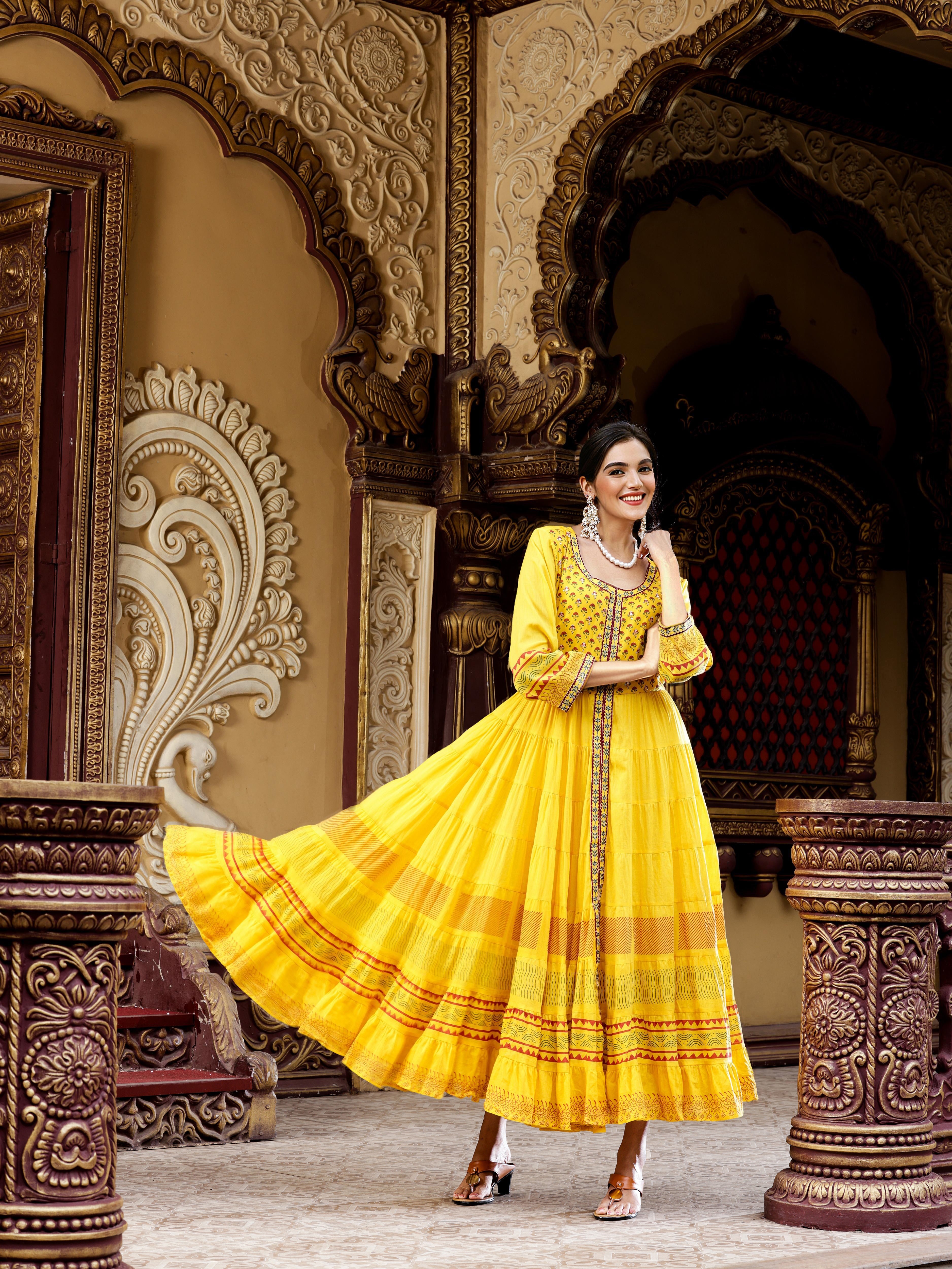 Cotton Mustard Ethnic Printed Tiered Flare Maxi Dress With Tie-Up