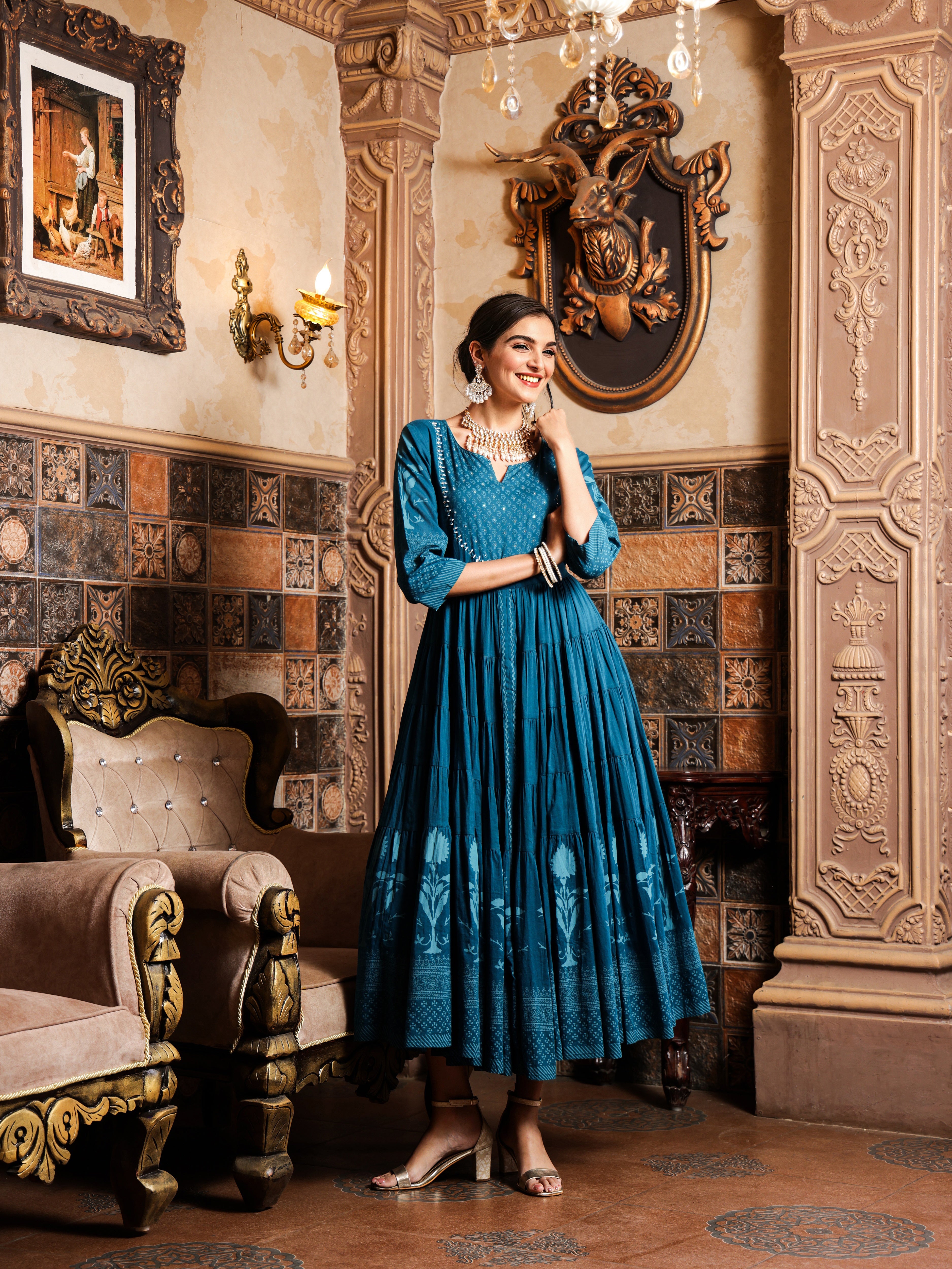 Cotton Teal Ethnic Printed Tiered Flare Maxi Dress With Tie-Up