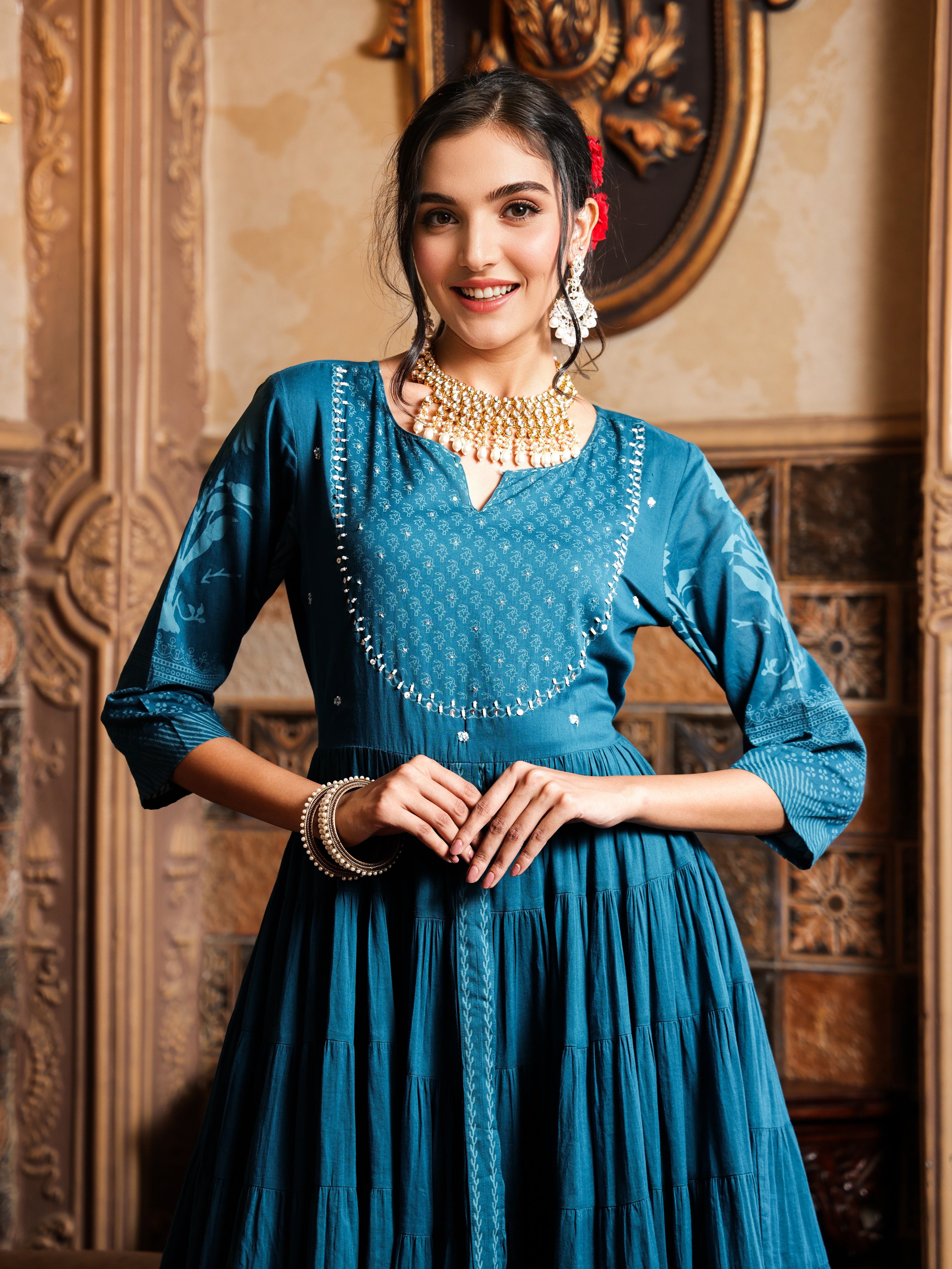 Cotton Teal Ethnic Printed Tiered Flare Maxi Dress With Tie-Up