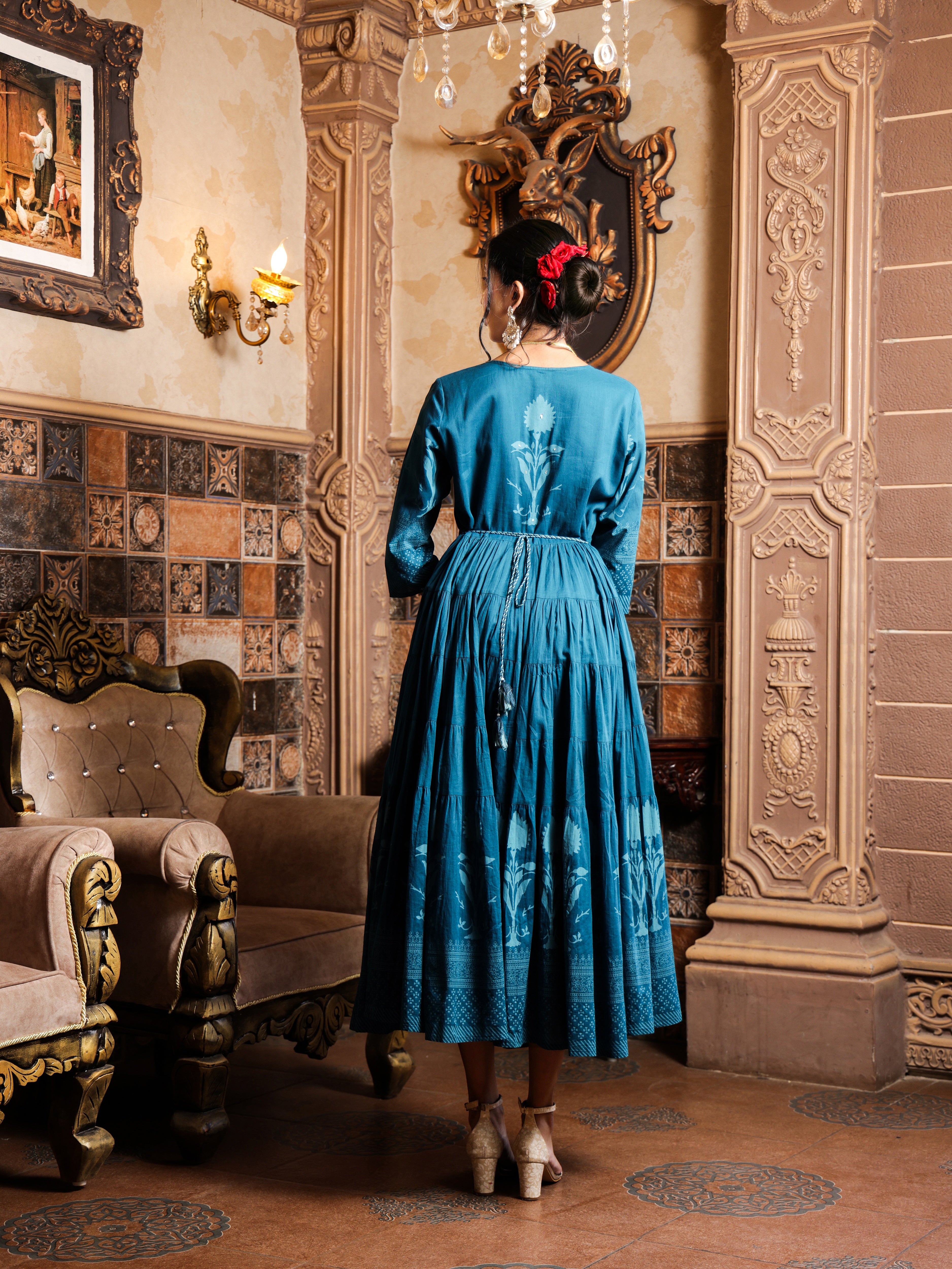 Cotton Teal Ethnic Printed Tiered Flare Maxi Dress With Tie-Up