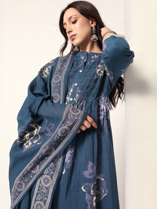Comfy Blue Cotton Floral Printed Aline Fit Kurta Set With Dupatta