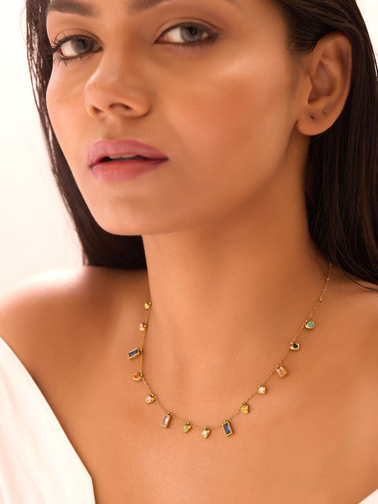 Ishin Multi  Colour Gold Plated Artificial Stones And Beads Chain