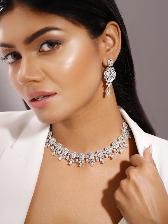 Ishin White  Colour Silver Plated American Diamond Jewellery Set