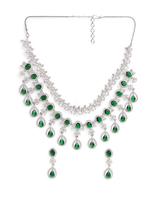 Ishin Green  Colour Silver Plated American Diamond Jewellery Set