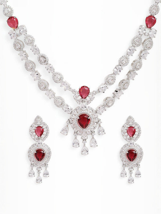 Ishin Red  Colour Silver Plated American Diamond Jewellery Set