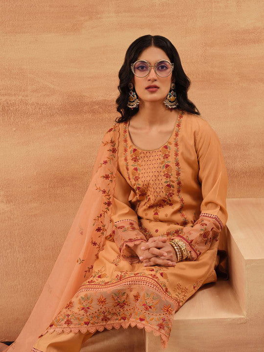 Ishin Women Orange Roman Silk 3Pcs Kurta Set