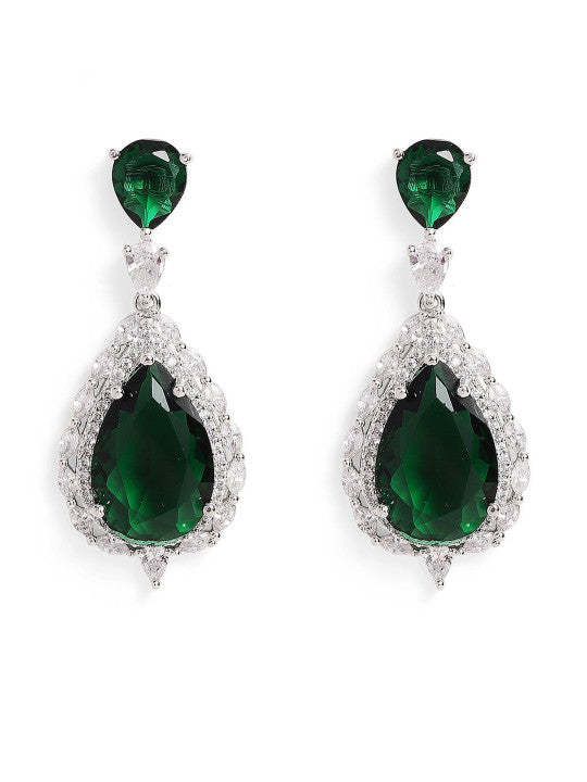 Ishin Green Colour Silver Plated American Diamond Drop Earring