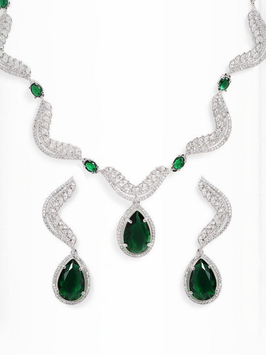 Ishin Green  Colour Silver Plated American Diamond Jewellery Set