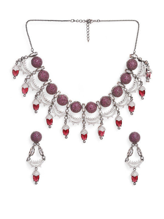 Ishin Pink  Colour Silver Plated American Diamond Jewellery Set