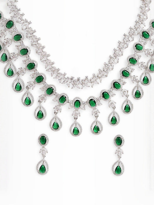 Ishin Green  Colour Silver Plated American Diamond Jewellery Set