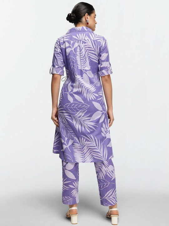 Comfy Purple Cotton Printed Regular Fit Co-Ords With Lapel Collar