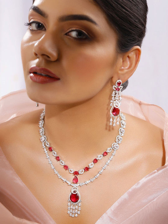 Ishin Red  Colour Silver Plated American Diamond Jewellery Set