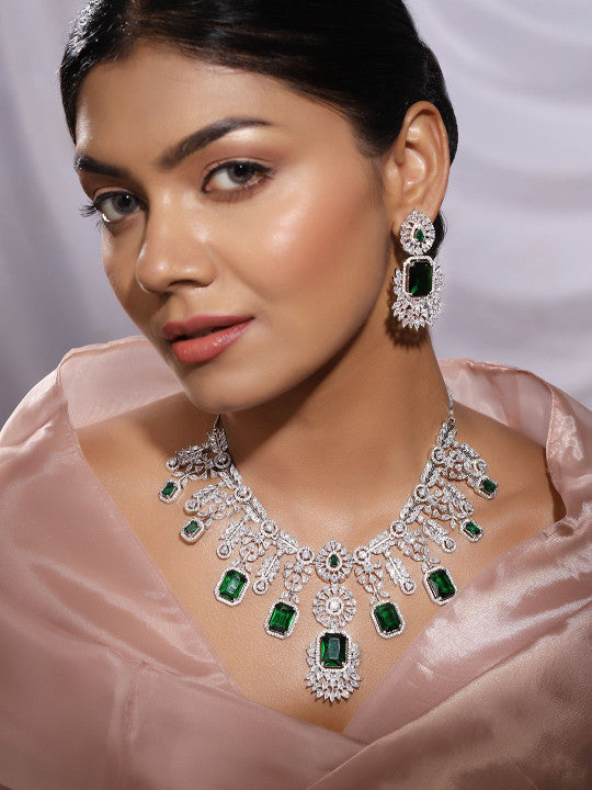 Ishin Green  Colour Silver Plated American Diamond Jewellery Set