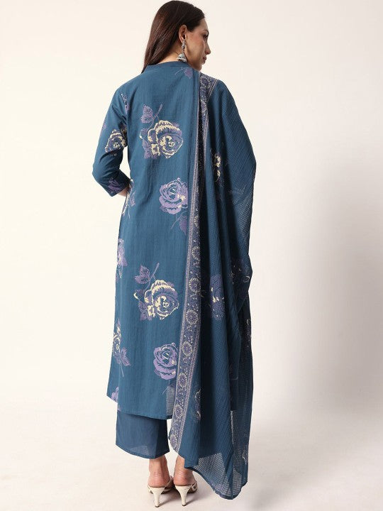 Comfy Blue Cotton Floral Printed Aline Fit Kurta Set With Dupatta