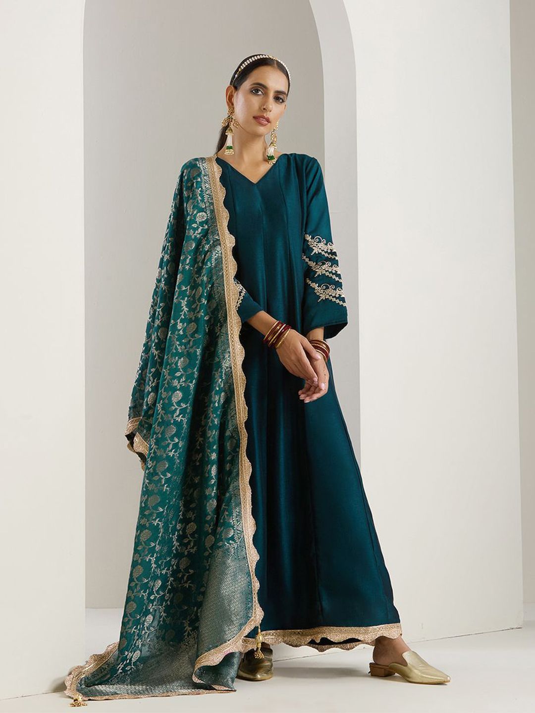Rich Blended Green Zari Embroidered Anarkali Dress With Brocade Dupatta And Latkhans