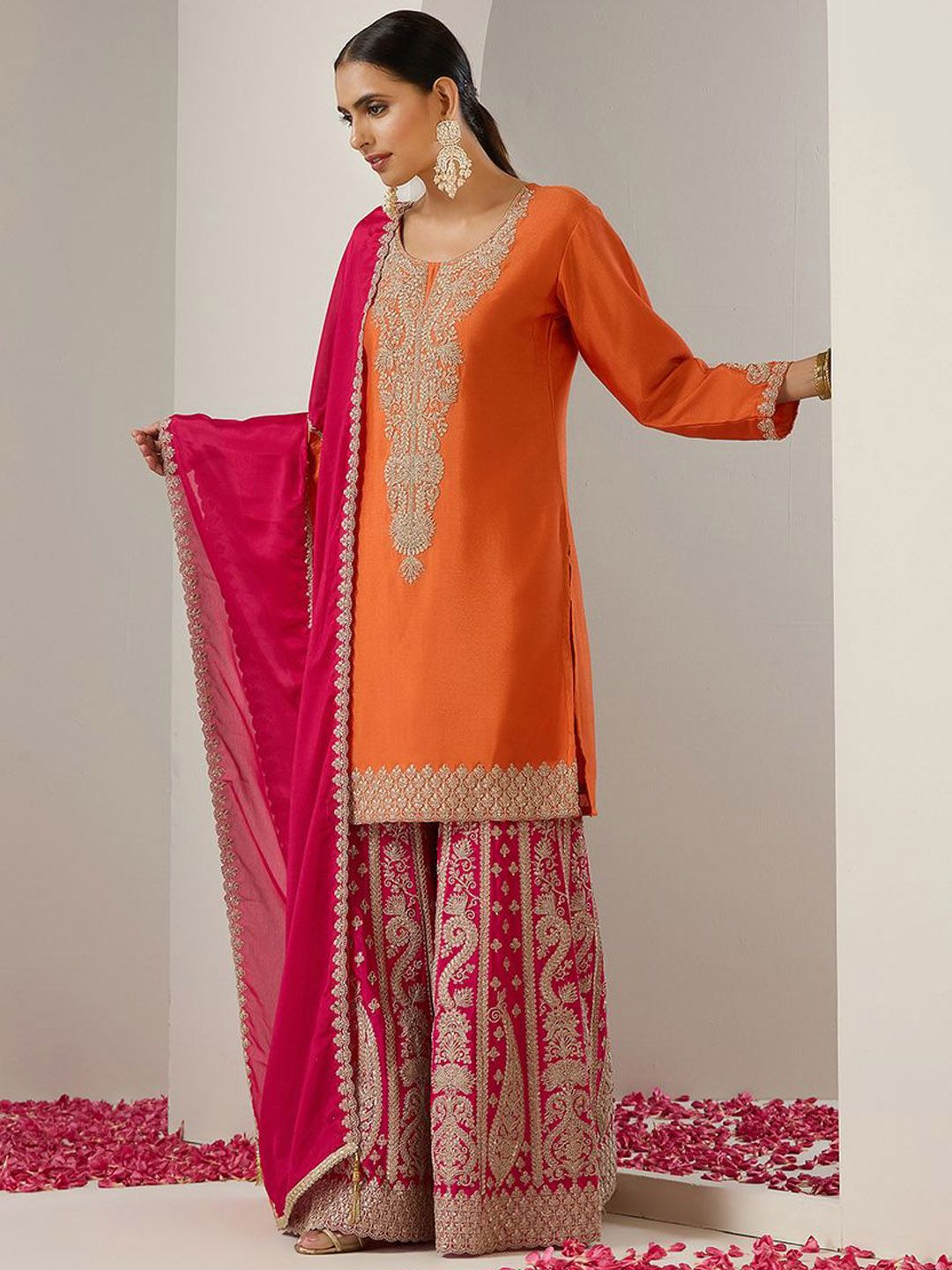 Chinon Orange And Pink Zari Embroidered Kurta Set With Sharara Bottom And Silk Blend Tassel Dupatta