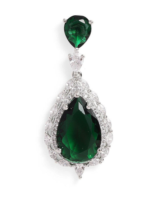 Ishin Green Colour Silver Plated American Diamond Drop Earring