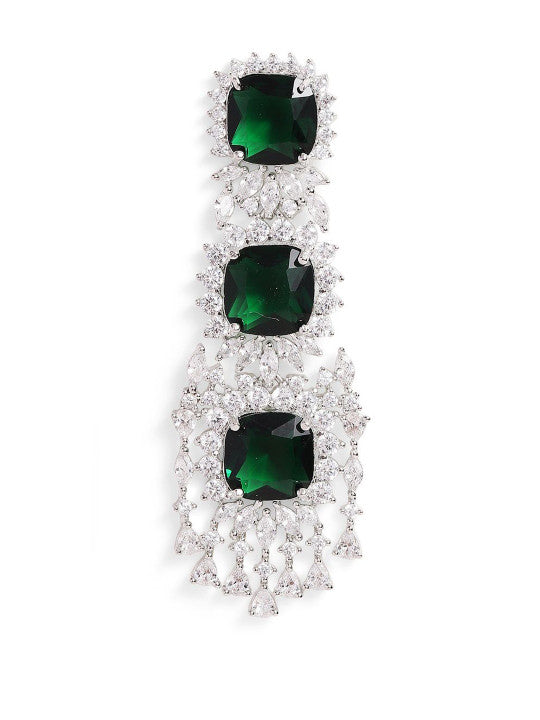 Ishin Green Colour Silver Plated American Diamond Drop Earring