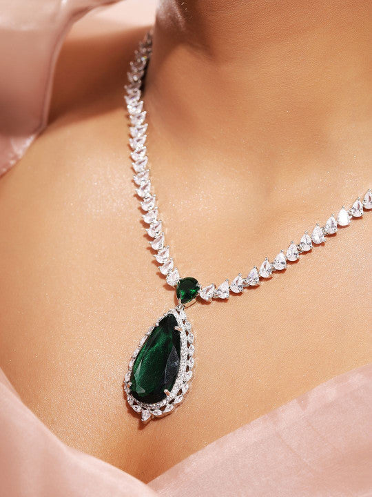 Ishin Green  Colour Silver Plated American Diamond Jewellery Set