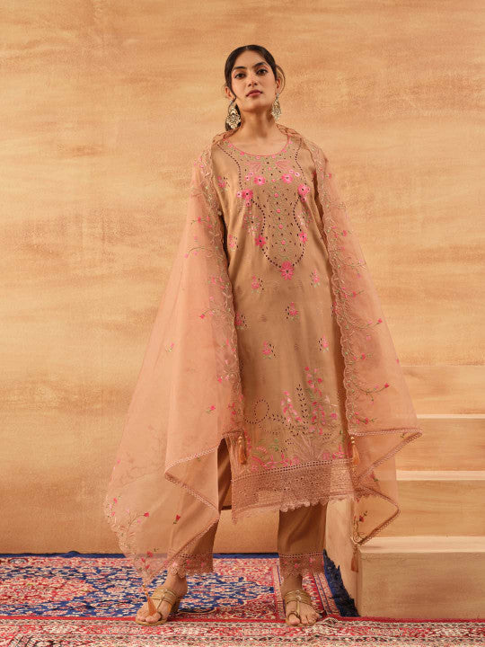 Ishin Women Brown Roman Silk 3Pcs Kurta Set