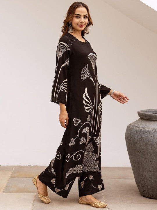 Soft Black Viscose Rayon Printed Straight Fit Kurta Set