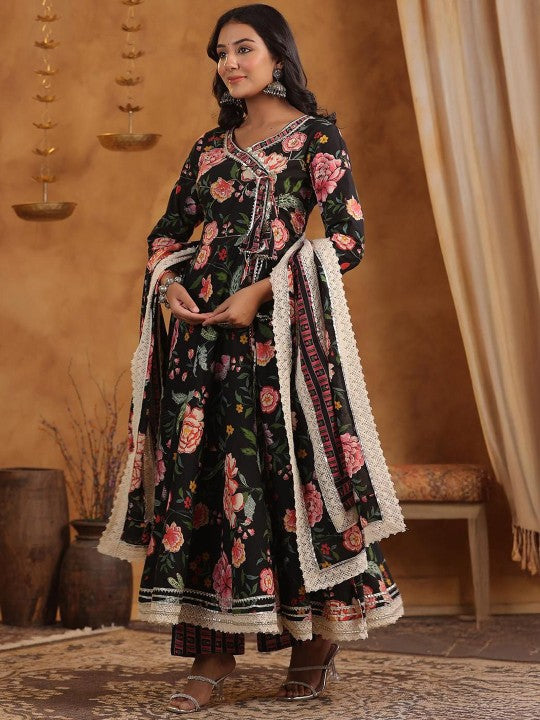 Graceful Black Cotton Floral Printed & Embroidered Angrakha Fit Kurta Set With Dupatta
