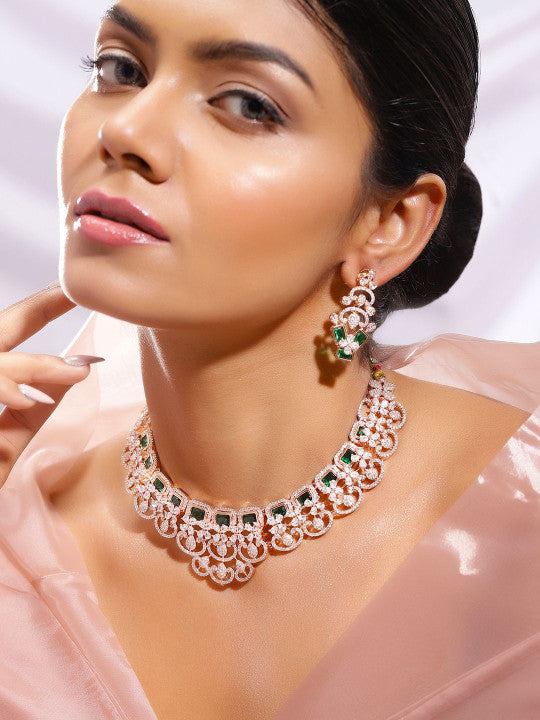 Ishin Green  Colour Rose Gold Plated American Diamond Jewellery Set