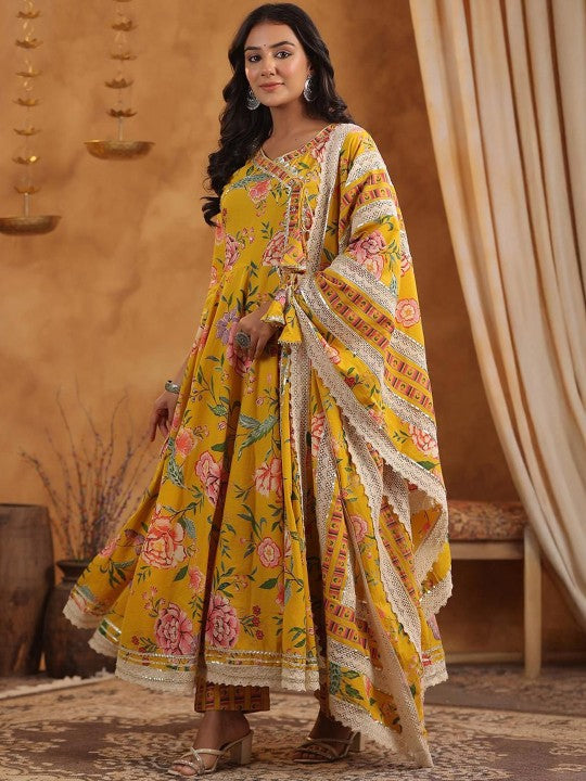 Graceful Yellow Cotton Floral Printed & Embroidered Angrakha Fit Kurta Set With Dupatta