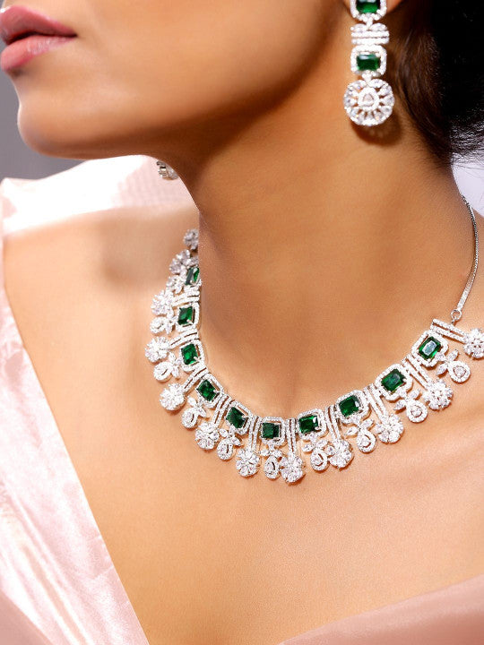 Ishin Green  Colour Silver Plated American Diamond Jewellery Set