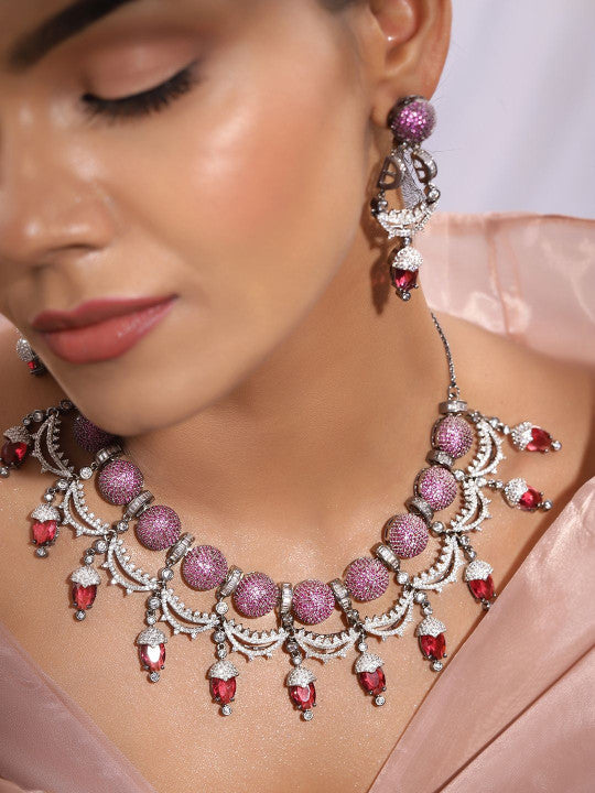 Ishin Pink  Colour Silver Plated American Diamond Jewellery Set