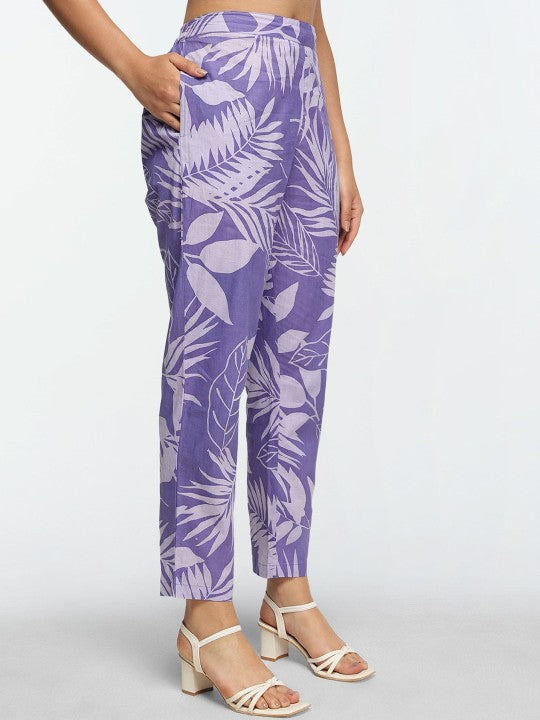 Comfy Purple Cotton Printed Regular Fit Co-Ords With Lapel Collar
