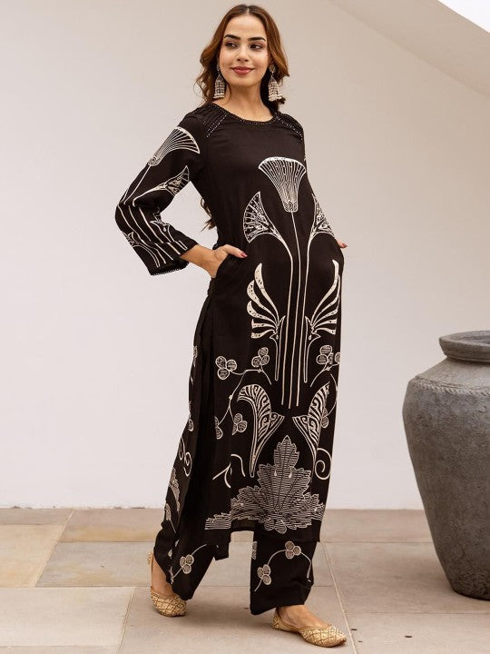 Soft Black Viscose Rayon Printed Straight Fit Kurta Set