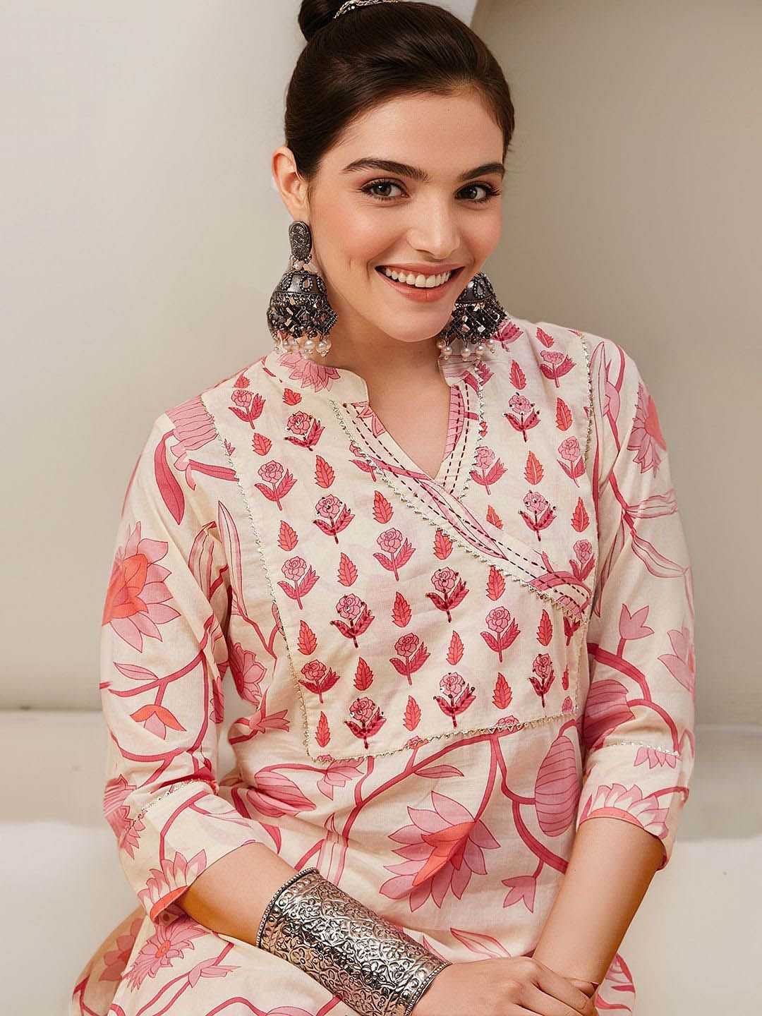 Comfy Off-White Pure Cotton Floral Printed Kurta Set With Gotta Patti Detailing And Straight Bottom