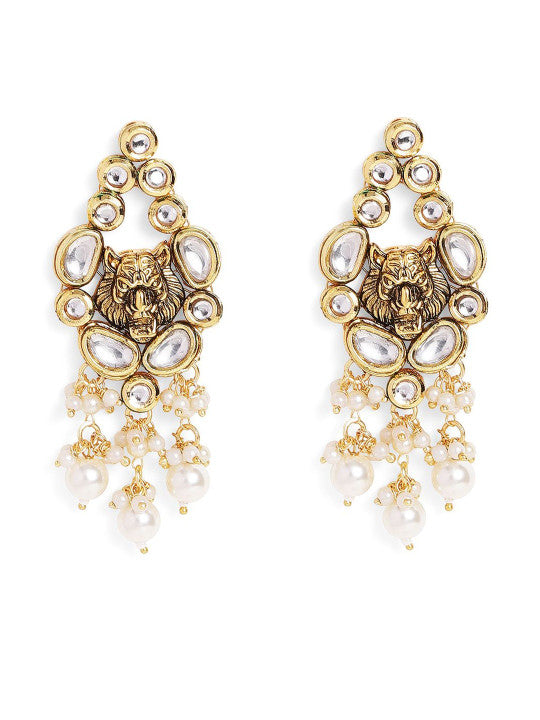 Ishin White Colour Gold plated Kundan with pearl Drop Earring