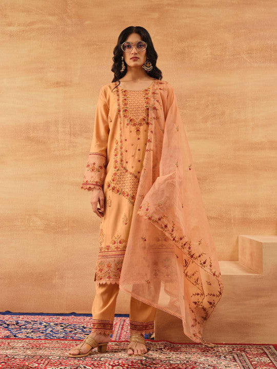 Ishin Women Orange Roman Silk 3Pcs Kurta Set
