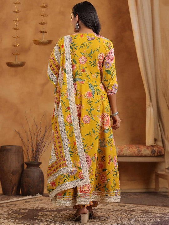 Graceful Yellow Cotton Floral Printed & Embroidered Angrakha Fit Kurta Set With Dupatta