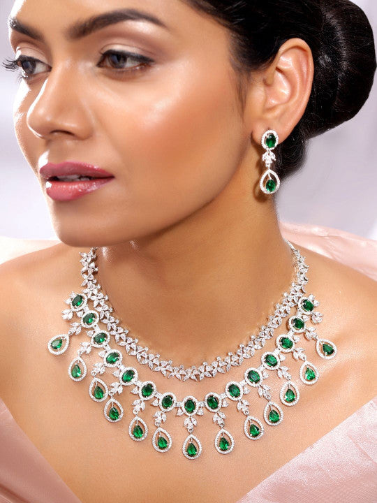Ishin Green  Colour Silver Plated American Diamond Jewellery Set