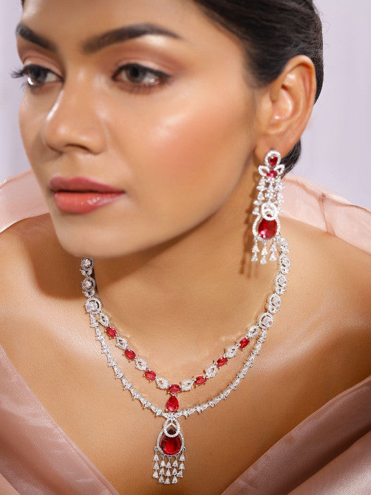 Ishin Red  Colour Silver Plated American Diamond Jewellery Set