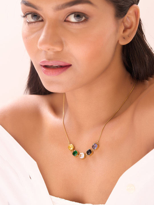 Ishin Multi  Colour Gold Plated Artificial Stones And Beads Chain