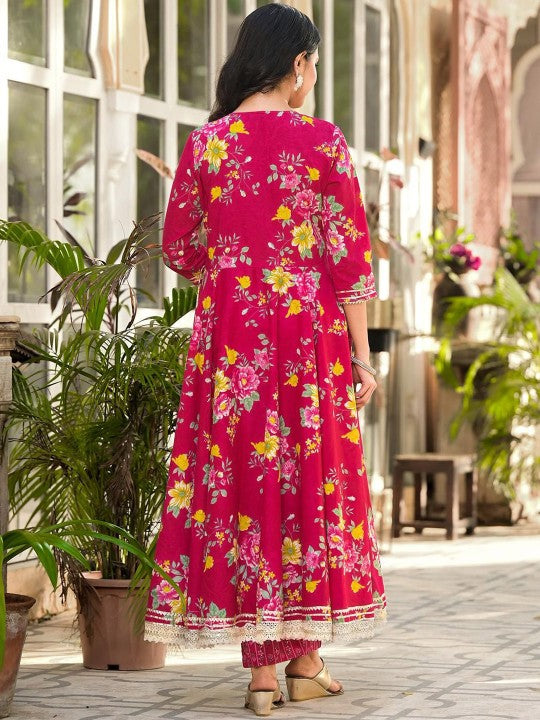 Graceful Pink Cotton Floral Printed & Embroidered Angrakha Fit Kurta Set With Dupatta