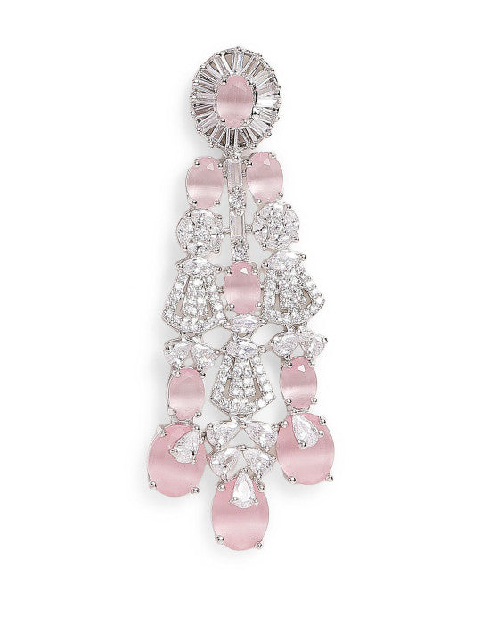 Ishin Pink Colour Silver Plated American Diamond Drop Earring