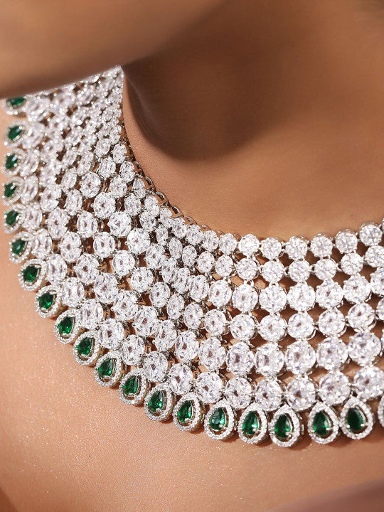 Ishin Green  Colour Silver Plated American Diamond Jewellery Set