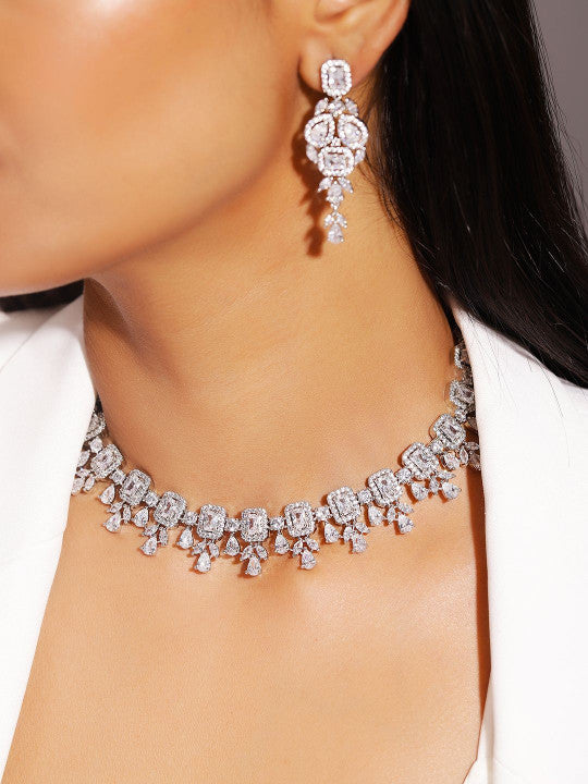Ishin White  Colour Silver Plated American Diamond Jewellery Set