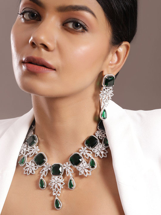 Ishin Green  Colour Silver Plated American Diamond Jewellery Set