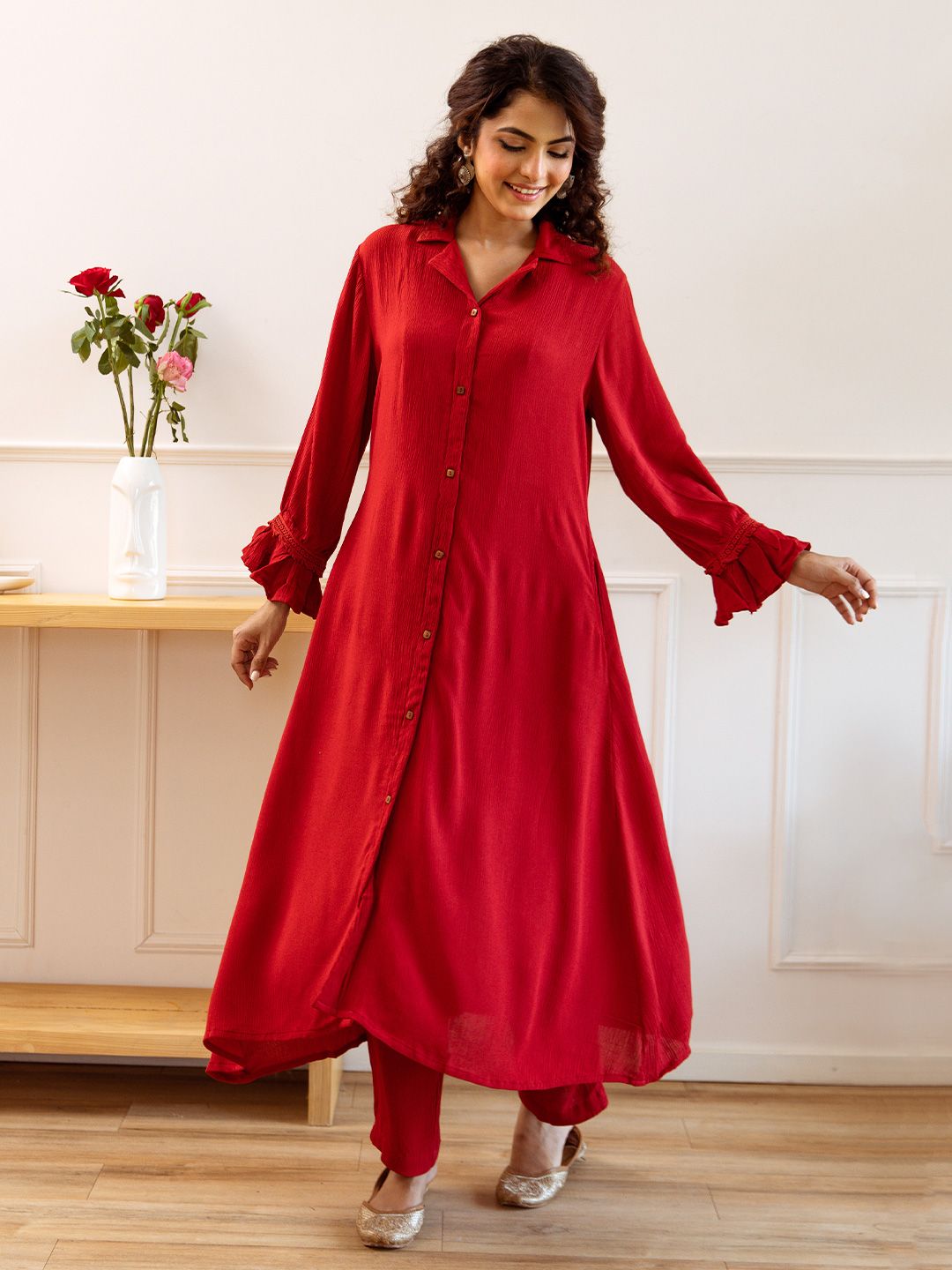 Comfy Viscose Red Solid A-Line Kurta Set With Shirt Collar And Straight Bottom