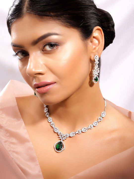 Ishin Green  Colour Silver Plated American Diamond Jewellery Set