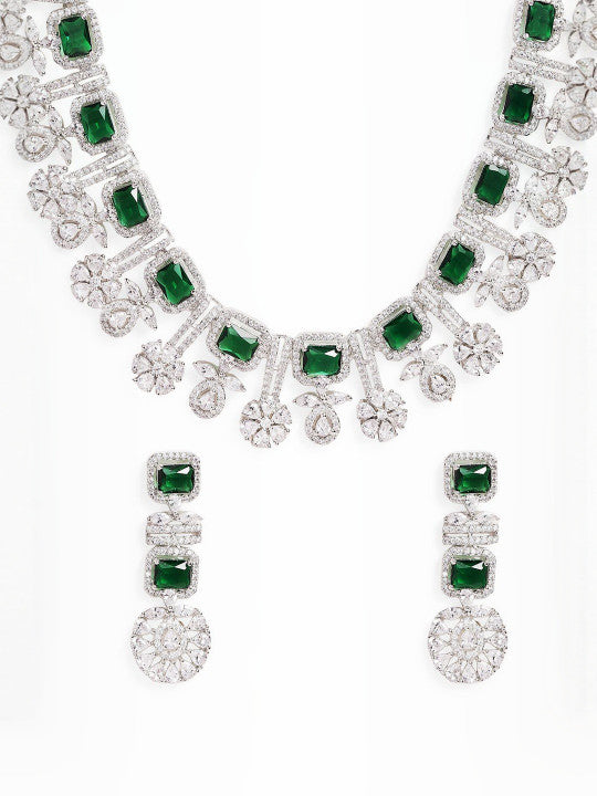 Ishin Green  Colour Silver Plated American Diamond Jewellery Set