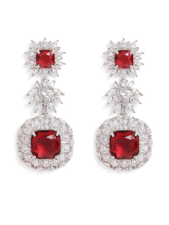 Ishin Red Colour Silver Plated American Diamond Drop Earring