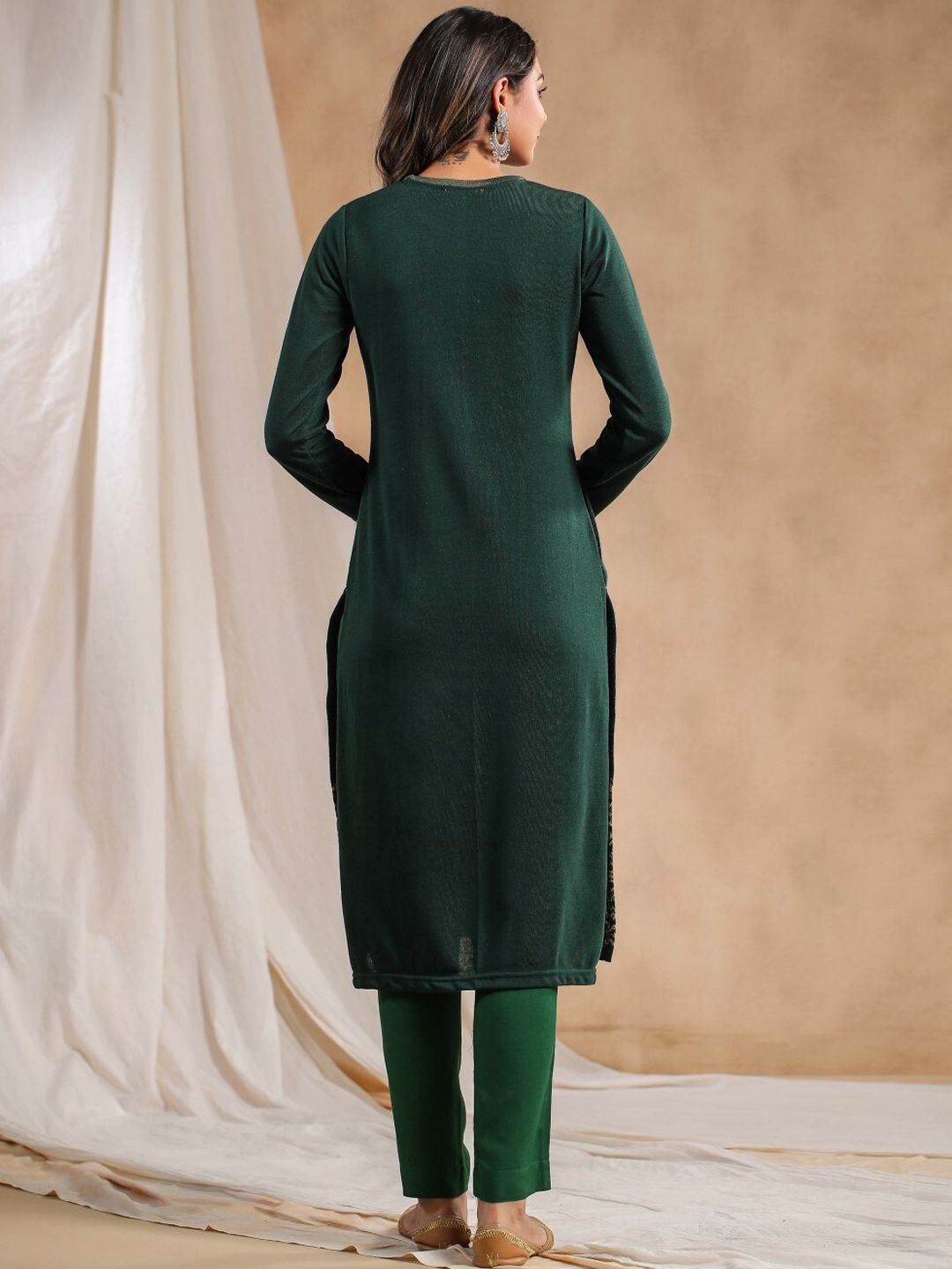 Warm Green Acrylic Ethnic Motif Printed Kurta Set With Jacquard Knitted Design And Straight Bottom