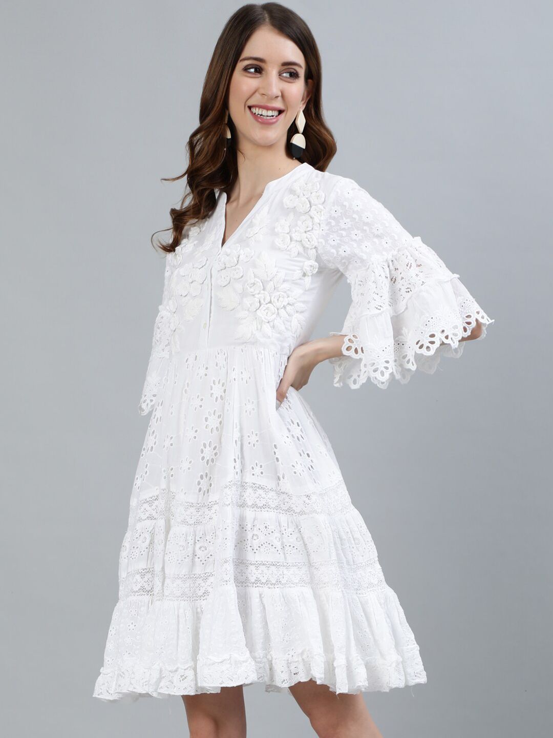Comfy White Cotton Embellished Fit & Flare Dress With Bell Sleeves